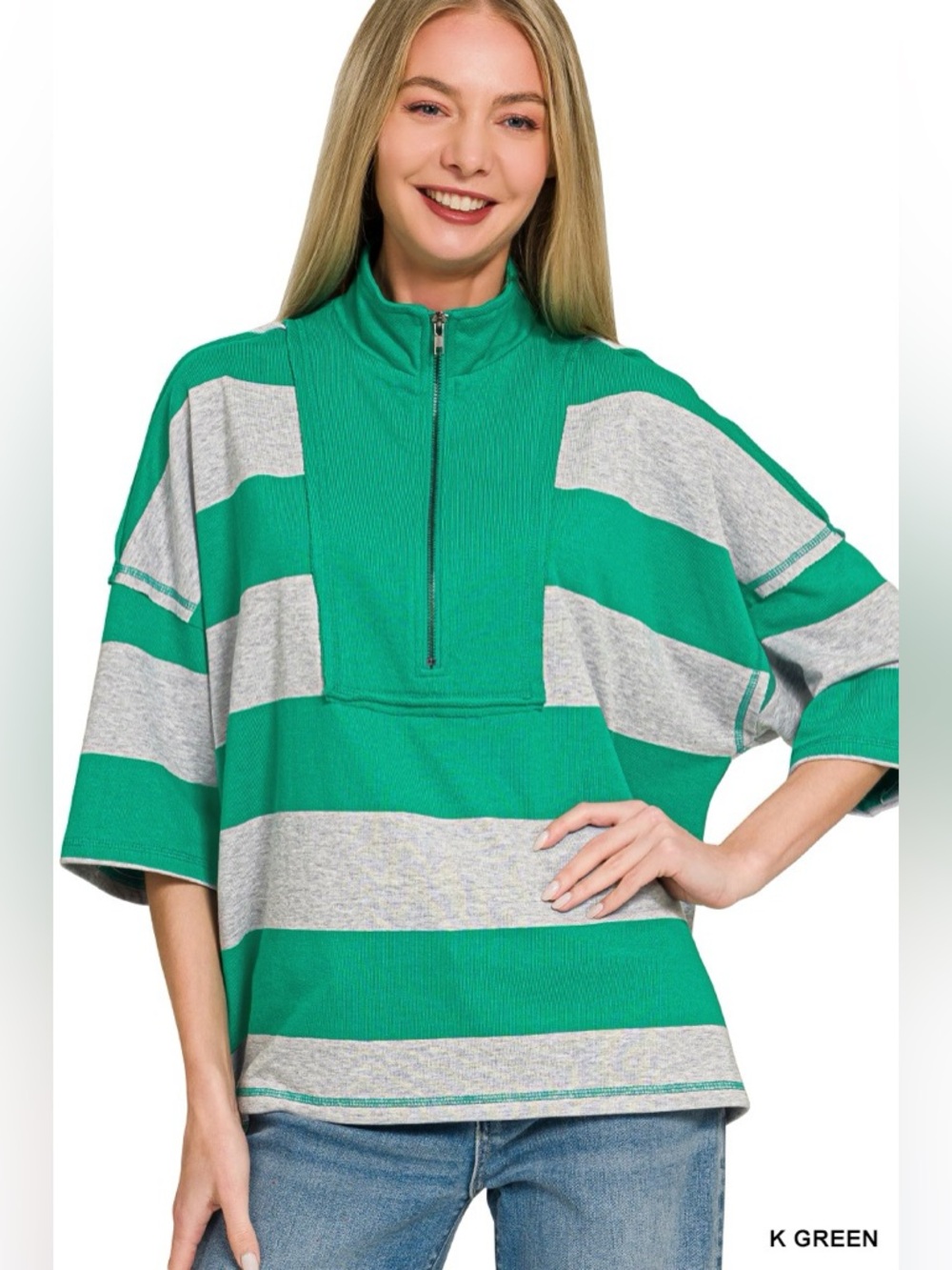 Zenana Frenchterry Striped Half Zip Top & Shorts Set - Picture 6 of 12